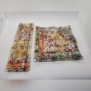 Vintage MCM Fused Art Glass Clear Bright Multicolor Glass Edged 2 PC Plate Set.